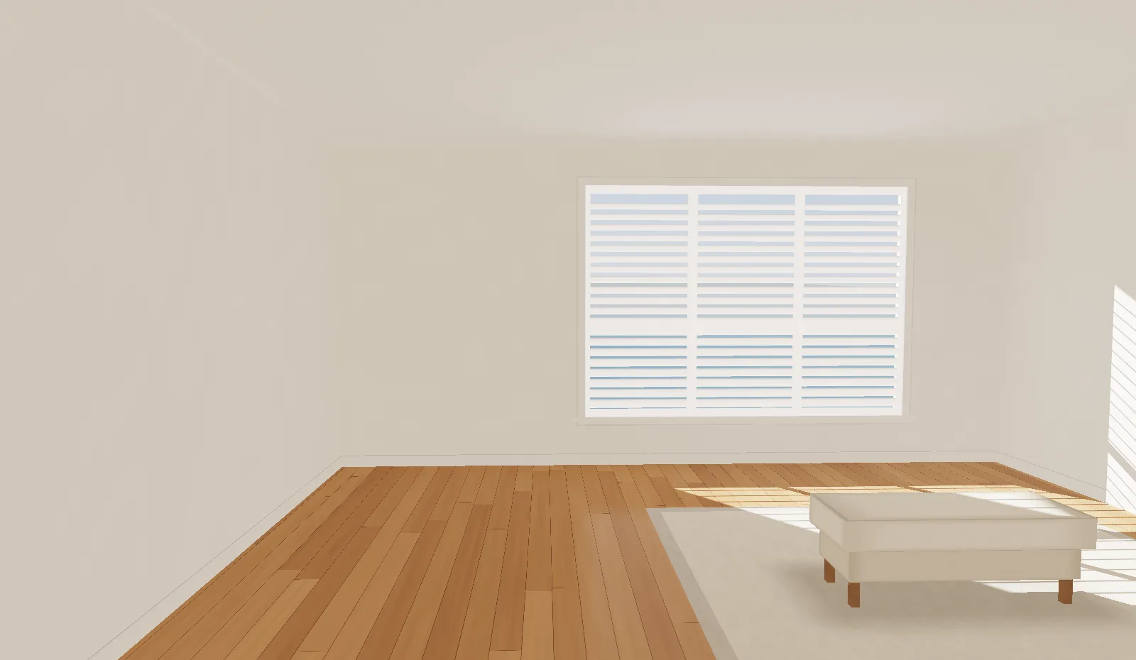 A Bayside room with plantation shutters throwing bars of morning sun across a timber floor.