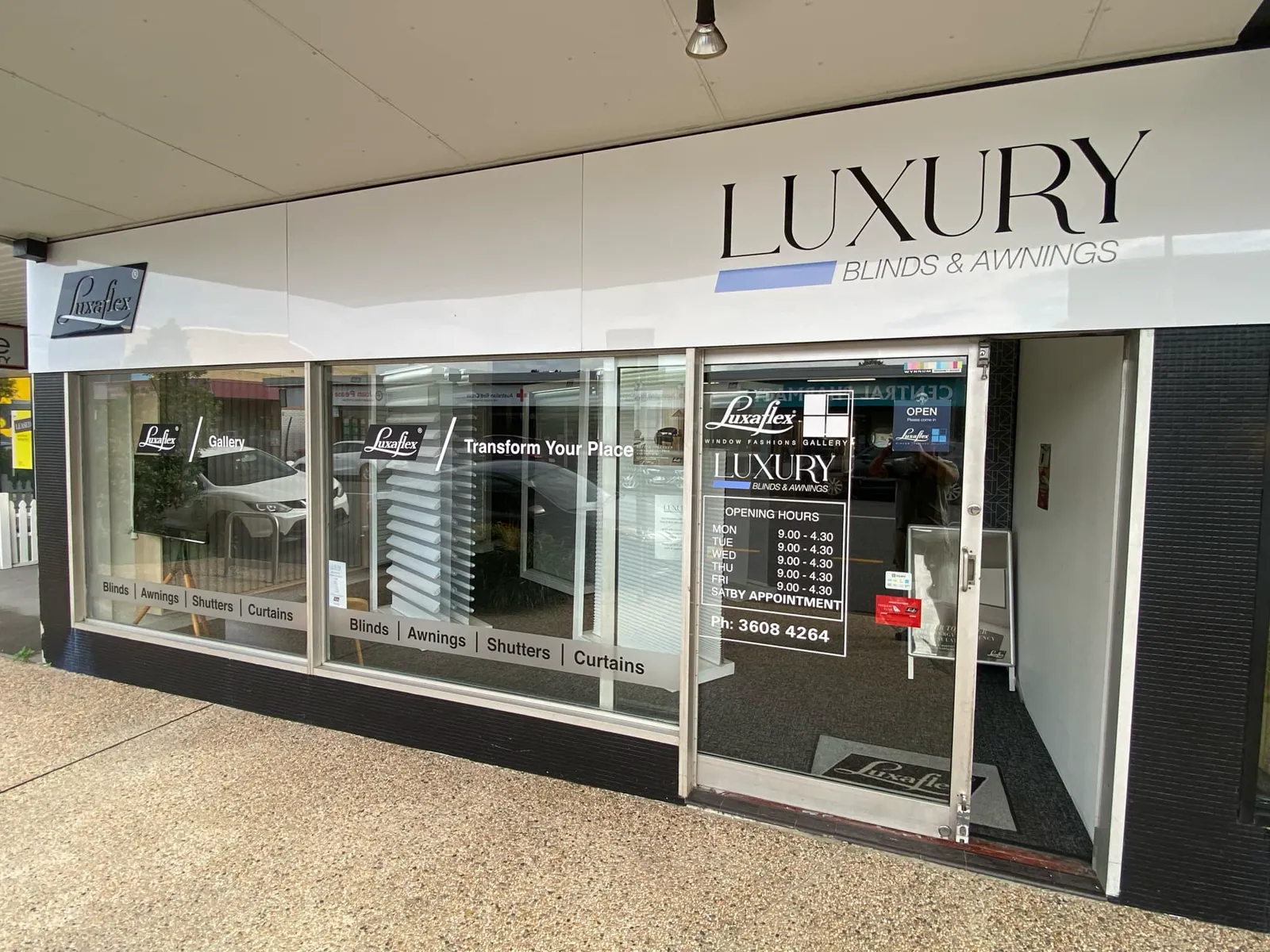 The Luxury Blinds & Awnings shopfront on Edith Street, Wynnum, with shutters and blinds on display in the window.
